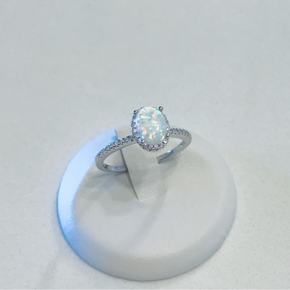 💕TOP SELLER💕 Silver White Lab Opal Ring with CZ, Silver Rings, Engagement Ring - Picture 1 of 11
